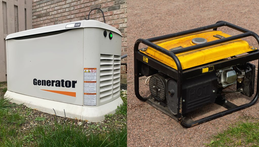 White whole house standby generator and yellow portable generator side by side showing backup power options for Arizona homeowners