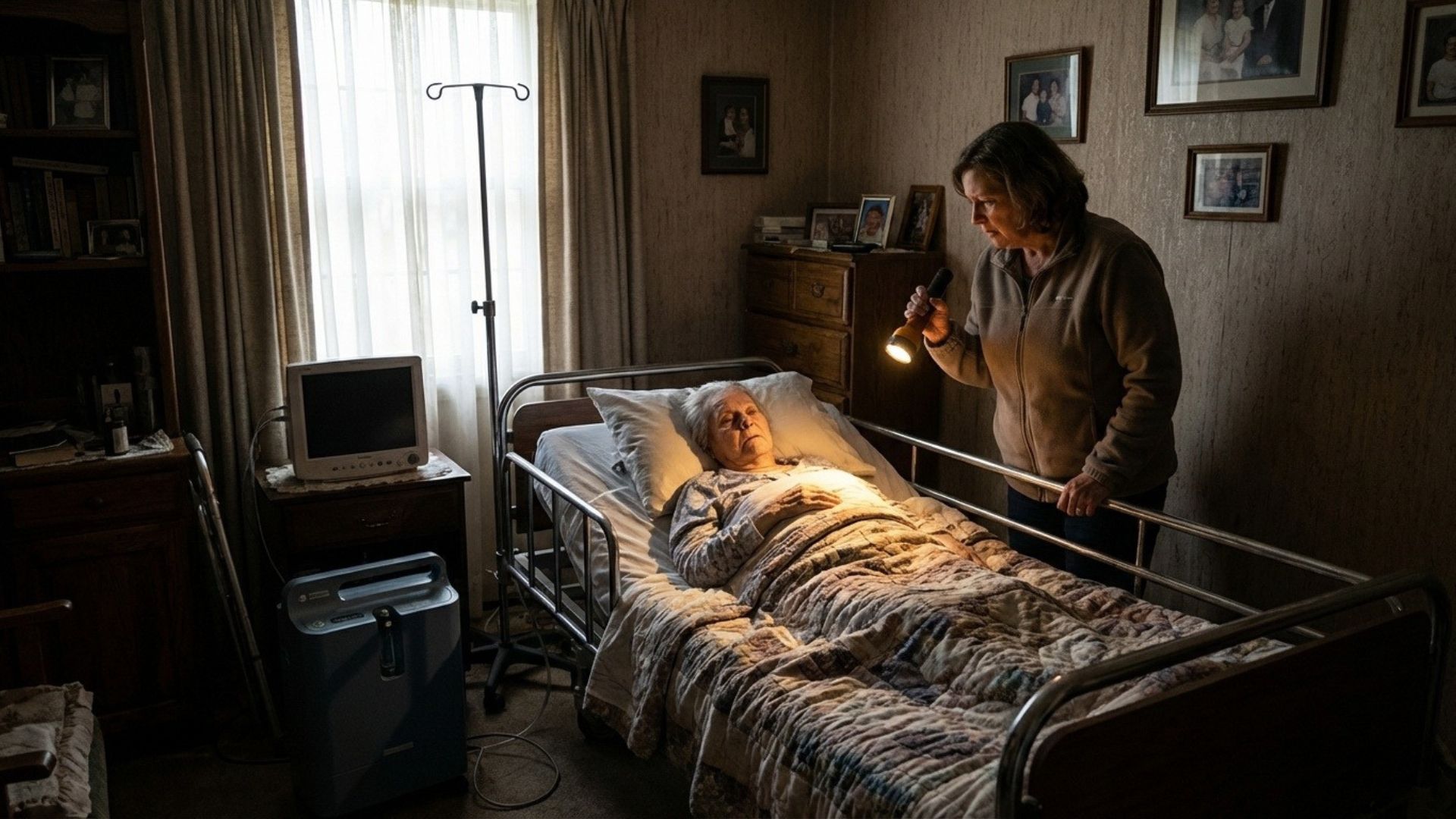A caregiver shines a flashlight on an elderly woman in a home hospital bed with medical equipment nearby, showing the urgent need for a backup power system.