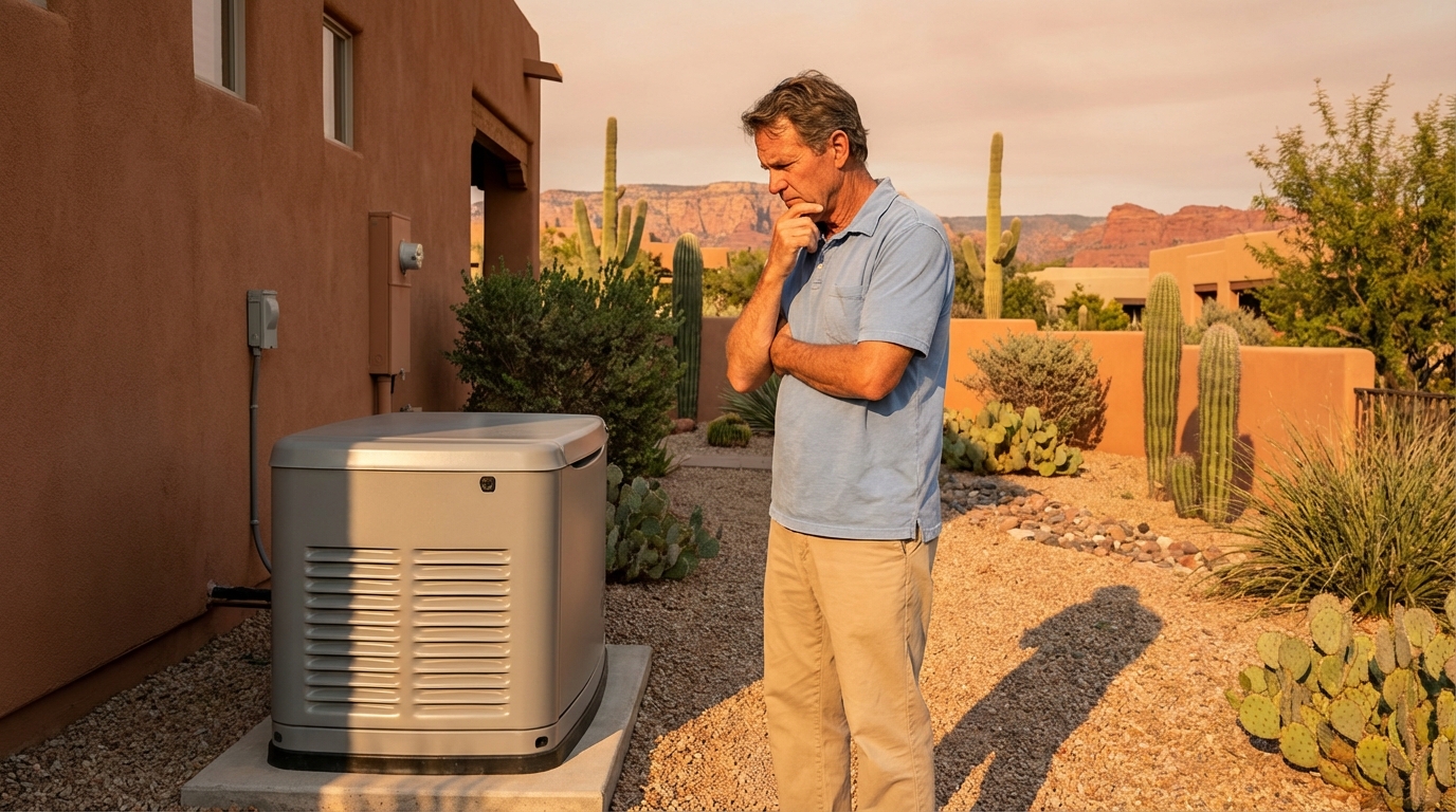 Arizona homeowner thinking beside a standby generator outside an adobe home with cactus and red rock views, weighing is a whole house generator worth it.